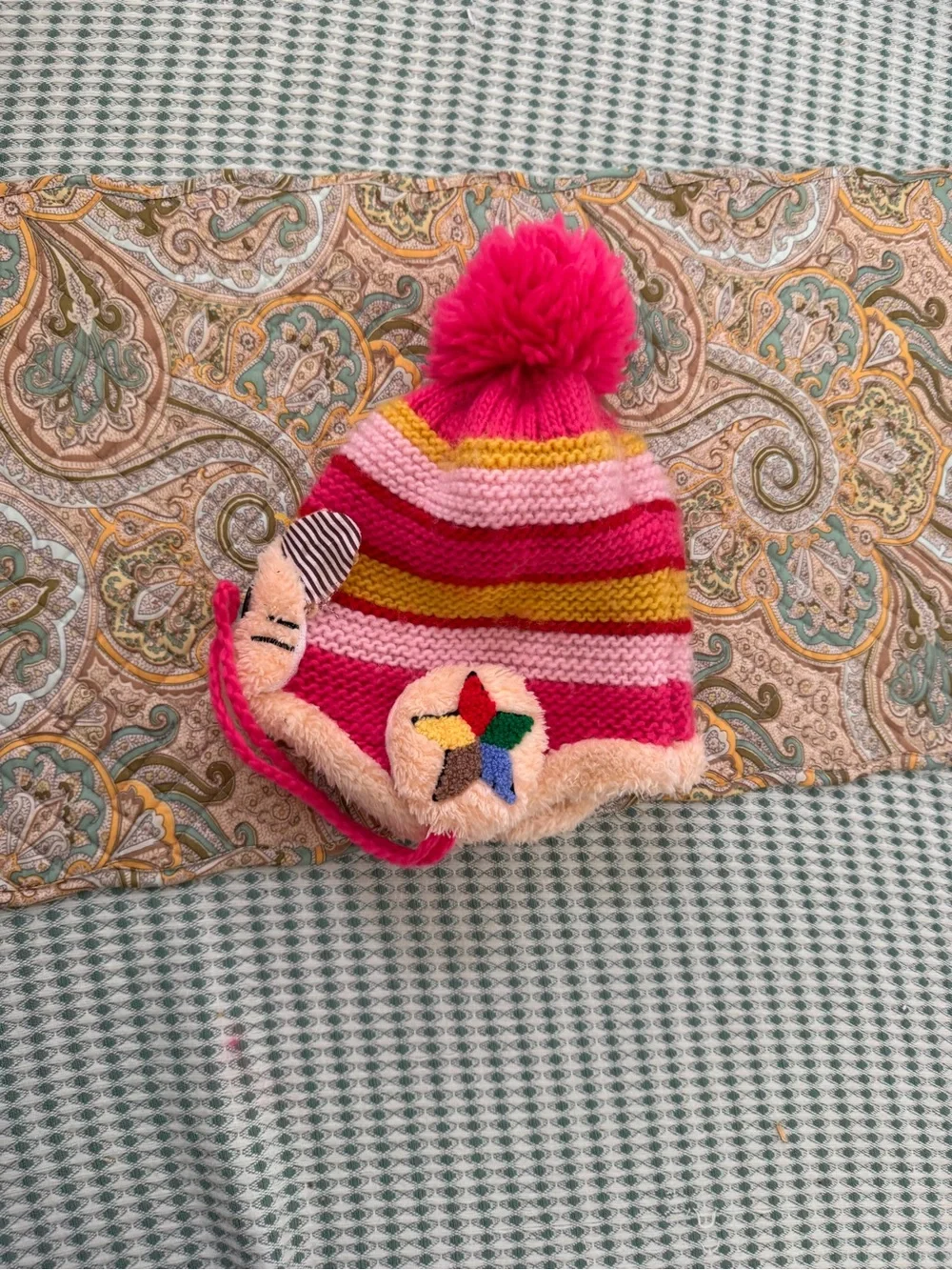 Girls' Crochet Winter Hat Pink Striped Cat Pom Pom Winter Hat Beanie